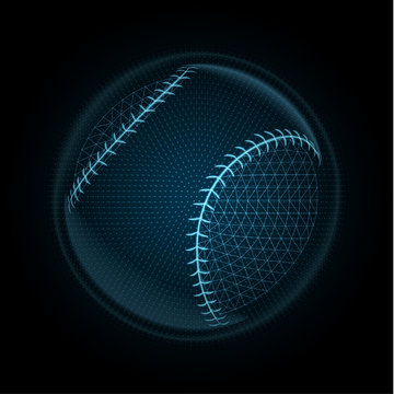 Vector image of a baseball ball made of glowing lines, points and polygons