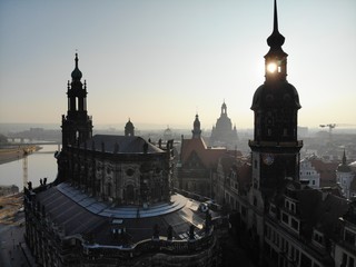 4K Aerial drone shot of sunrise in Dresden inner city with Frauenkirche, Hofkirche, Zitronenpresse...