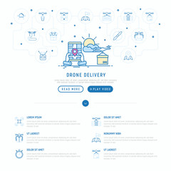 Drone delivery concept with thin line icons: quadcopter, flying drone with package, remote control in hands. Modern vector illustration of innovative transport, web page template.