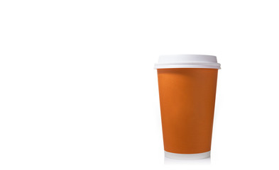 Orange coffee paper cup with white lid on white background