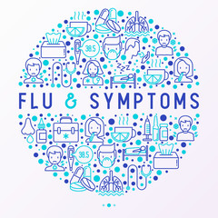 Flu and symptoms concept in circle thin line icons: temperature, chills, heat, runny nose, bed rest, pills, doctor with stethoscope, nasal drops, cough, phlegm in the lungs. Vector illustration.