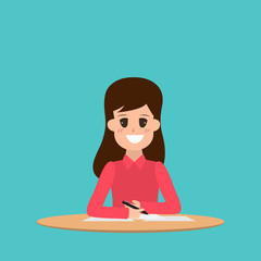 business woman writing character in job. people cartoon flat design.