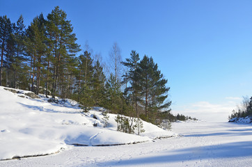 Russia, lake Ladoga (Ladozhskoye), the gulf of Murolakhti (Kocherga) in frosty winter day