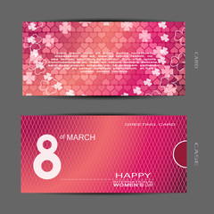 Greeting gradient pink card with heart and flower patern and text, red case with line pattern vector set for Happy International Women's Day on the gray background with shadow.