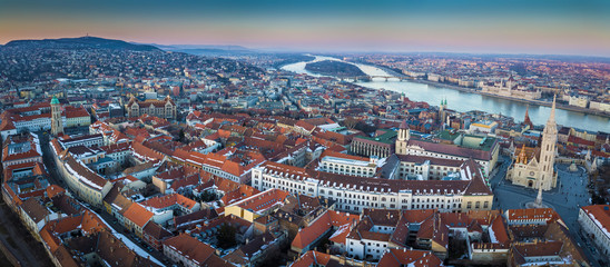 Budapest, Hungary - Aerial skyline view of Buda side of Budapest with the famous Matthias Church,...