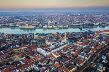 Budapest, Hungary - Aerial skyline view of Buda side of Budapest with the famous Matthias Church, Fisherman's Bastion, Szechenyi Chain Bridge and Parliament of Hungary at winter time