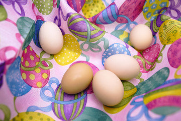 Raw eggs on colored background