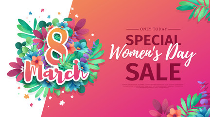 Banner for the International Happy Women's Day. Flyer for  sale March 8 with the decor of flowers.  Design Web offer with a pattern of spring  leaves and flowers for advertising and discount. Vector
