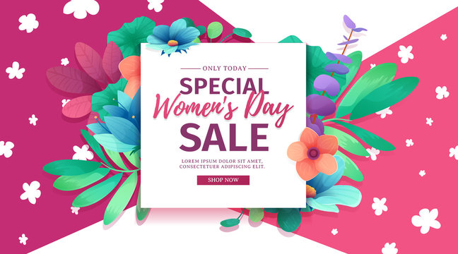 Banner for sale International  Happy Women's Day on flower background. Flyer for March 8 with the decor of floral. Invitations with square frame and flower for offer and discount. Vector 