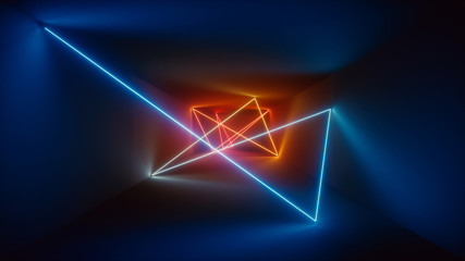 3d rendering, glowing lines, neon lights, abstract psychedelic background, red blue vibrant colors,...