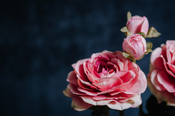 Artificial peony plant in bottle on dark background