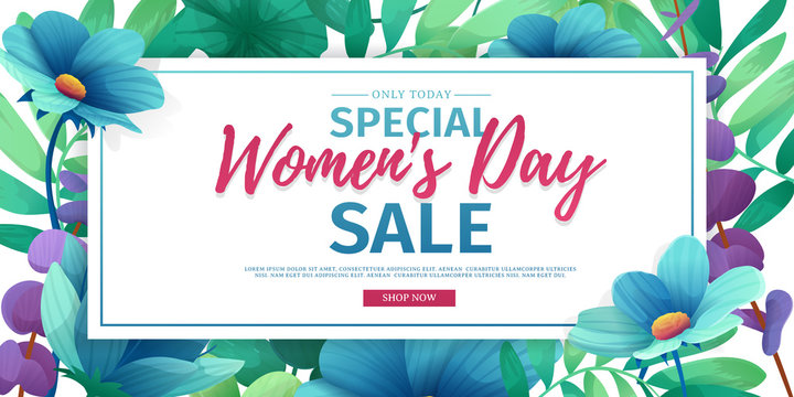 Horizontal banner for sale International  Happy Women's Day on flower background. Flyer for March 8 with the decor of floral. Invitations with  frame and flower for offer and discount. Vector 