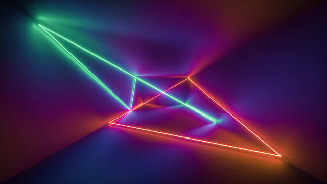 3d rendering, glowing lines, neon lights, abstract psychedelic background, ultraviolet, rainbow vibrant colors, laser show