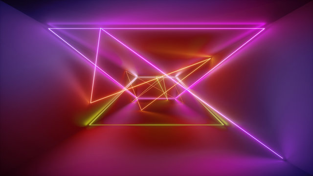 3d rendering, glowing lines, neon lights, abstract psychedelic background, red pink yellow vibrant colors, laser show