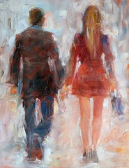 woman and man walking ,back view .Handmade oil painting on canvas