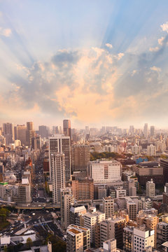 Cityscapes of Tokyo sunset, city aerial skyscraper view of office building and downtown and street of minato in tokyo with yellow sunlight background. Japan, Asia