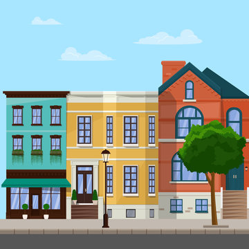 City street with apartment buildings. City architecture. Vector flat illustration.