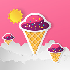 illustration of nature landscape and concept of business, plane flying on sky with cloud and mountain.design by paper art and digital craft style