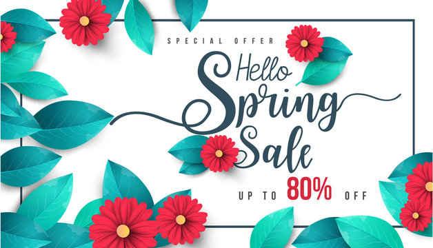 Spring Sale Banner with green leaf and colorful background. Vector Design for your greetings card, flyers,  web banner , invitation, posters, brochure, banners, calendar, spring sale.