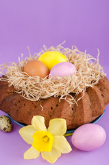 Easter still life, Easter cake, chicken and quail eggs, on a violet  background.