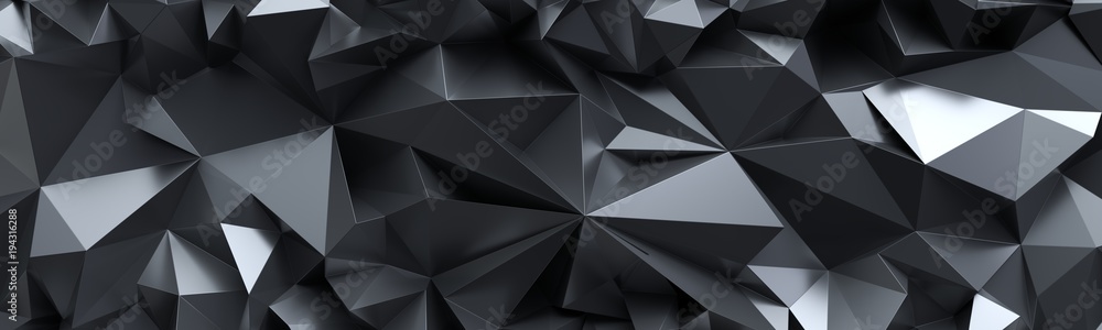 Wall mural 3d render, abstract black crystal background, faceted texture, macro panorama, wide panoramic polygo