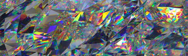 Panele Szklane Podświetlane  renderowanie 3d, abstrakcyjne tło kryształu, opalizująca tekstura, panorama makro, klejnot fasetowany, szeroka panoramiczna tapeta wielokątna