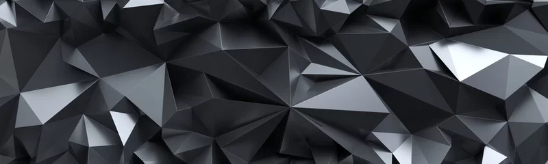 Fotobehang Hal 3D render, abstracte zwarte kristalachtergrond, gefacetteerde textuur, macropanorama, breed panoramisch veelhoekig behang