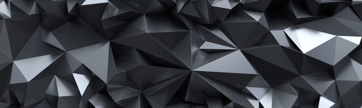 3d render, abstract black crystal background, faceted texture, macro panorama, wide panoramic polygonal wallpaper © wacomka