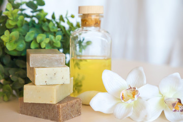 Obraz na płótnie Canvas Piece of natural soap with oil, natural organic cosmetics