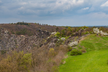 Fototapeta na wymiar Rocks and Valley Divoka Sarka in Prague, spring time.