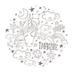 The magic vector set in circle. Unicorn, clouds, magic wand, clover and other. Vector Illustration for real dreamers. Cute design for posters, t-shirts etc.