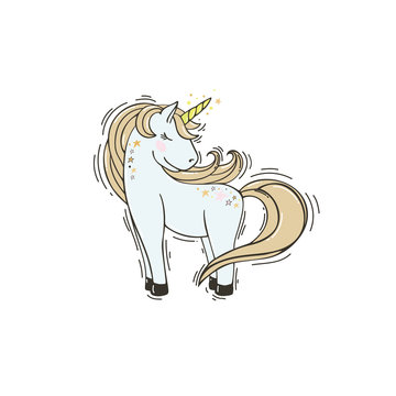 Cute vector a portrait of a unicorn. Magic romantic character with stars for sticker, patch badge, card, t-shirt and funny children's design.