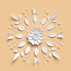 3d rendering, floral kaleidoscope, white paper flowers, symmetrical ornament, pastel yellow...