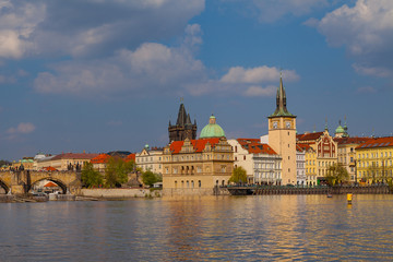 Fototapeta na wymiar View on the river Vltava and the old town of Prague, Czech Republic, summer season, sunset time,