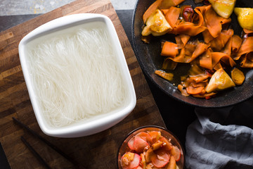 Funchoza and pickled carrots, ginger. Asian cuisine