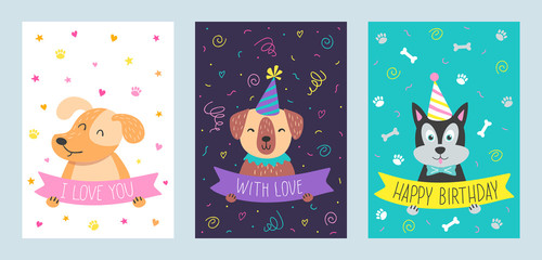 Vector set of cute greeting cards with dog. Handdrawn illustrations for print, cards, poster, banner and other design.