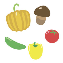 simple bright colorful multicolored pumpkin, mushroom, tomato, pepper and cucumber isolated