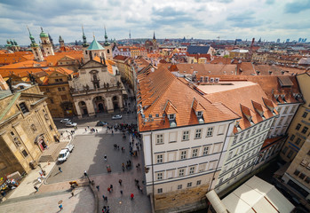 Obraz premium PRAGUE, CZECH REPUBLIC - APRIL 25, 2017: Ultra wide panoramic view of old town square with The Church of St. Francis, Klementinum