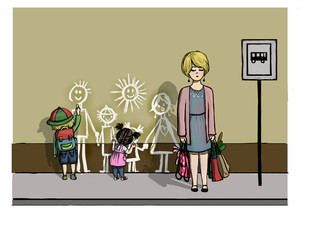 Kids drawing happy family on wall with chalk, cartoon broken family concept