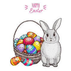 Easter bunny and basket with Easter eggs hand drawn. Vintage vector illustration. Cartoon style, Colorful image.