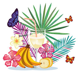 tropical cocktail with banana fruit and decoration floral vector illustration design