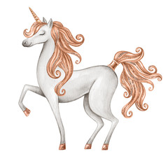 watercolor unicorn illustration, fairy tale creature, rose gold curly hair, magical animal clip art, isolated on white background