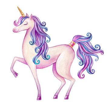 watercolor pink unicorn illustration, fairy tale creature, magical animal clip art, isolated on white background