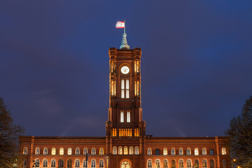 Red City Hall or Rotes Rathaus in Berlin, Germany. Night shot.