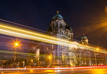 Fototapeta na wymiar Berliner dom, Berlin, Germany. Night cityscape with traffic.
