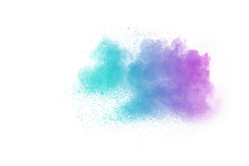 abstract explosion of blue purple dust on white background.Abstract blue purple powder splatter on white  background. Freeze motion of blue purple powder splash.