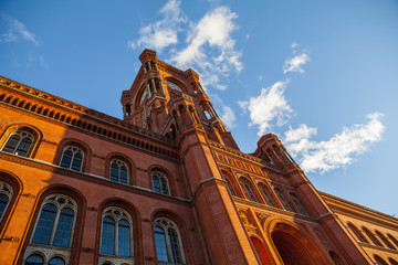 Red City Hall in Berlin, Germany. Wide angle close up view.