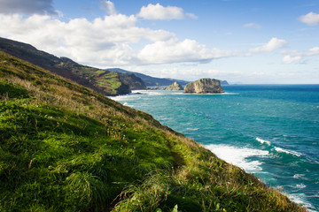 Beautiful coastline landscape between Bermeo and Bakio fishing towns with San Juan de Gaztelugatxe...