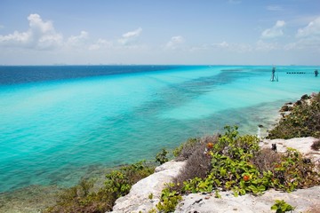 Magnificent views of Caribbean Sea of turquoise and blue water from Isla Mujeres island, Mexico. Exotic paradise, travel vacation destination concept