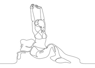 Continuous single line drawn character girl woman in bed wakes up in the morning